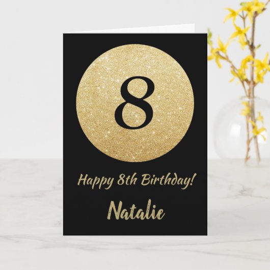 Happy 8th Birthday Black en Gold Glitter Card Kaart (Gele Bloem)