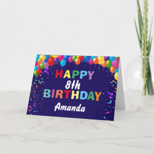 Happy 8th Birthday Colorful Balloons Navy Blue Kaart