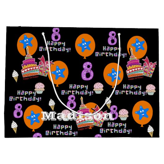 Happy 8th Birthday Gift Bag #8 Black Groot Cadeauzakje (Achterkant)