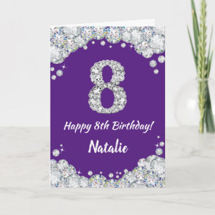 Happy 8th Birthday Paars en Silver Glitter Card Kaart