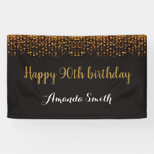Happy 90th Birthday Banner. Black and Gold Glitter Spandoek