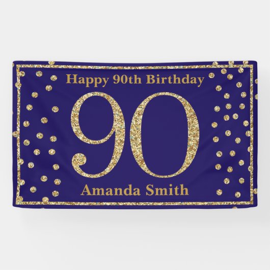 Happy 90th Birthday Banner Navy Blue Gold Glitter (Horizontaal)