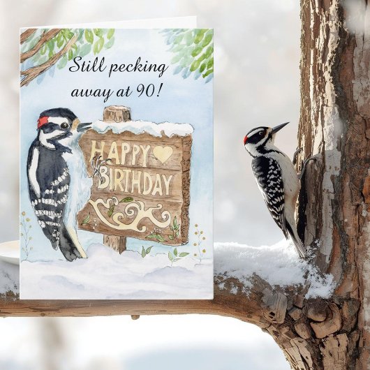 Happy 90th Birthday Downy Woodpecker Kaart