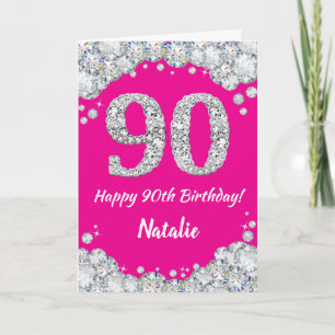 Happy 90th Birthday Hot Pink en Silver Glitter Kaart
