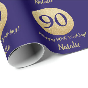 Happy 90th Birthday Navy Blue en Gold Glitter Cadeaupapier