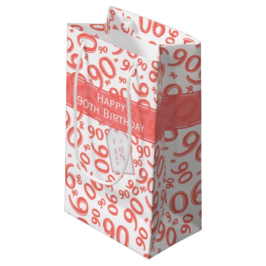 Happy 90th Birthday Number Pattern Coral/White Klein Cadeauzakje (Voorkant Gekanteld)