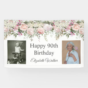 Happy 90th Birthday Pink Roses Floral 2 foto's Spandoek