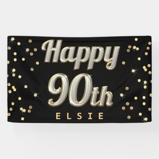 Happy 90th Bling Typography Gold Confetti Black Spandoek (Horizontaal)