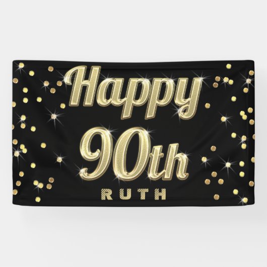Happy 90th Gold Bling Typography Confetti Black Spandoek (Horizontaal)