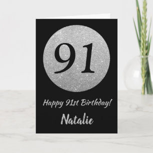 Happy 91st Birthday Black en Silver Glitter Card Kaart