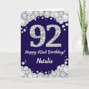 Happy 92e verjaardag Navy Blue en Silver Glitter Kaart