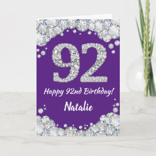 Happy 92e verjaardag Paars en Silver Glitter Card Kaart
