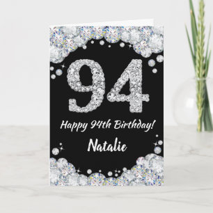 Happy 94th Birthday Black en Silver Glitter Card Kaart