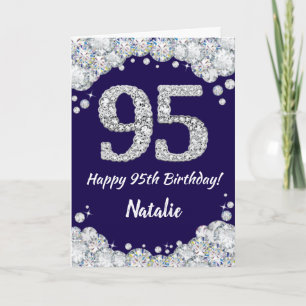 Happy 95th Birthday Navy Blue en Silver Glitter Kaart