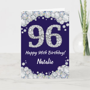 Happy 96th Birthday Navy Blue en Silver Glitter Kaart