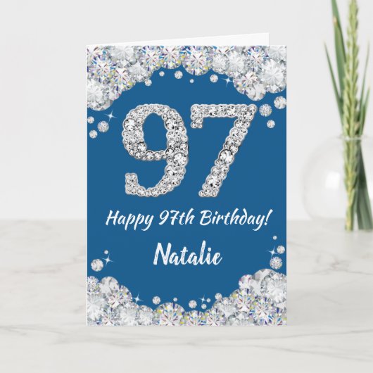Happy 97th Birthday Blue en Silver Glitter Card Kaart (Voorkant)
