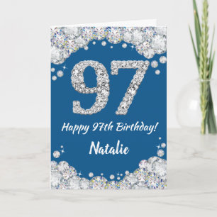 Happy 97th Birthday Blue en Silver Glitter Card Kaart