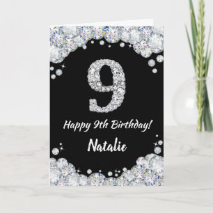 Happy 9th Birthday Black en Silver Glitter Card Kaart