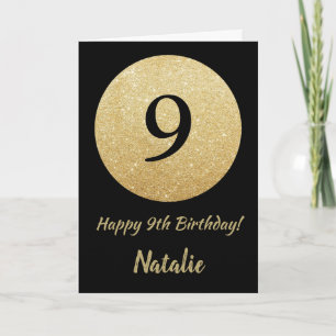 Happy 9th Birthday Zwart en Goud Glitter Kaart