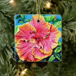 Happy Aloha Pink Hibiscus Ceramic Ornament