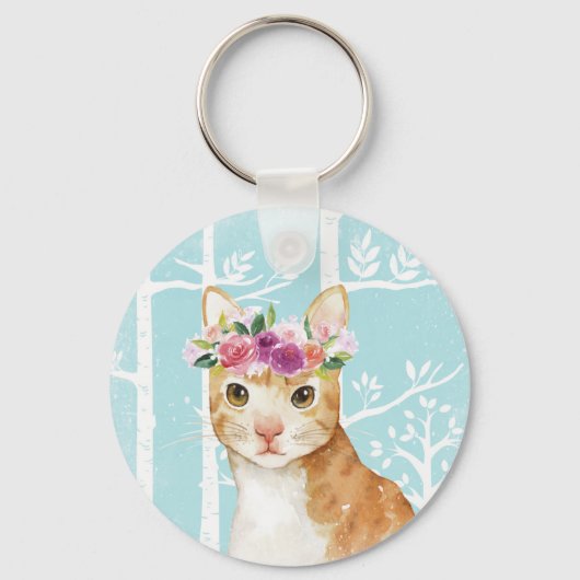 Happy Animal met bloemen in Blue Forest Cat Kat Sleutelhanger (Voorkant)