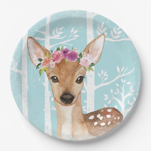Happy Animal met Flowers in Blue Forest-Deer Papieren Bordje (Voorkant)