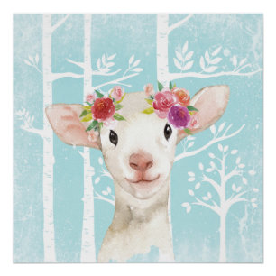 Happy Animal met Flowers in Blue Forest-Sheep Perfect Poster