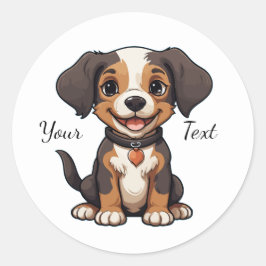 Happy Animated Puppy Illustration Customizable Ronde Sticker