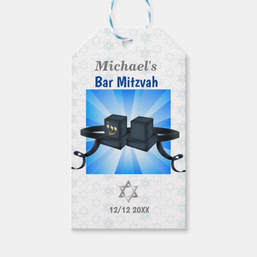 Happy Bar Mitzvah 20XX Tefillin Blue Cadeaulabel (Voorkant)