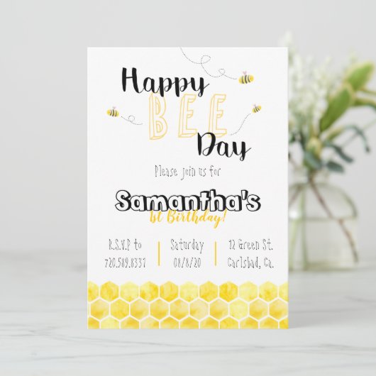 Happy Bee-Day Bee Thema Verjaardag Zwart en geel Kaart (Staand voorkant)
