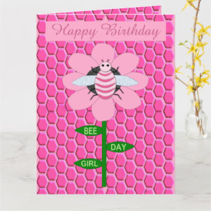 Happy bee Day Girl Pink Birthday Bumblebee Custom Kaart