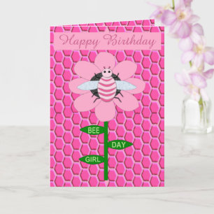 Happy bee Day Girl Pink Birthday Bumblebee Custom Kaart