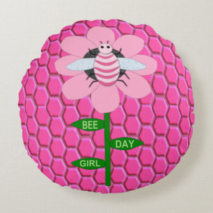 Happy bee Day Girl Pink Birthday Bumblebee Rond Kussen