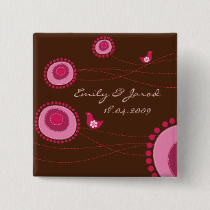 Happy Birds Pink Stippen Cute Flowers Wedding Butt Vierkante Button 5,1 Cm