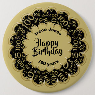 Happy Birthday, 100th Gold/Black Number Pattern Ronde Button 6,0 Cm