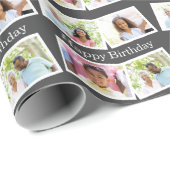 Happy Birthday 4 Photo Collage Pattern Gray Cadeaupapier (Rol Hoek)