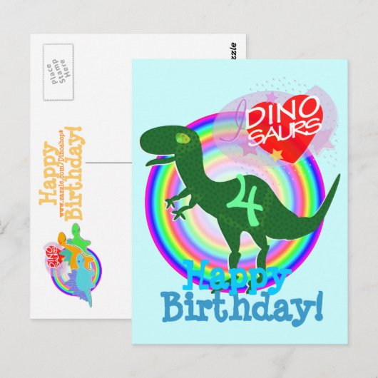 Happy Birthday 4 Years T-Rex Dino Postcard Briefkaart (Voorkant / Achterkant)