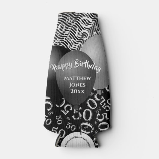 Happy Birthday 50th Number Pattern Black/White 50 Flesjeskoeler (Voorkant)