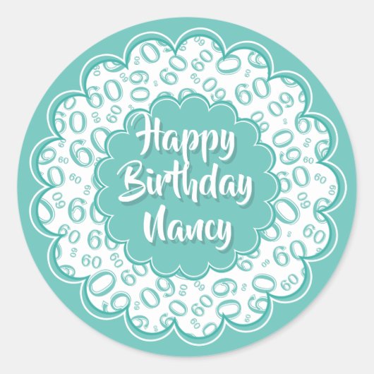 Happy Birthday 60th Number Pattern Blauwgroen en w Ronde Sticker (Voorkant)