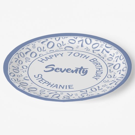 Happy Birthday 70th Blue/White Number Pattern Papieren Bordje (Gekanteld)