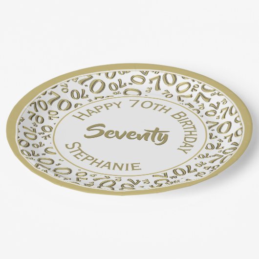 Happy Birthday 70th Gold/White Number Pattern Papieren Bordje (Gekanteld)