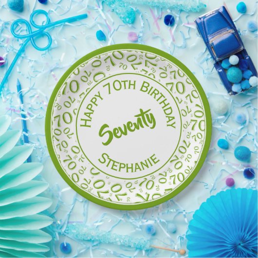 Happy Birthday 70th Green/White Number Pattern Papieren Bordje (Feest)