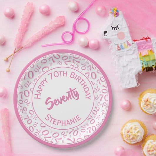 Happy Birthday 70th roze/White Number Pattern Papieren Bordje (Feest)