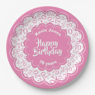 Happy Birthday 70th roze/White Number Pattern Papieren Bordje