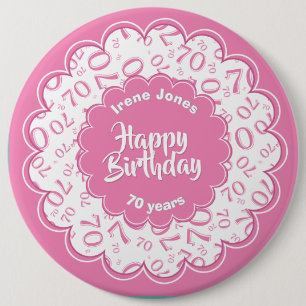Happy Birthday, 70th roze/White Number Pattern Ronde Button 6,0 Cm