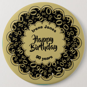 Happy Birthday, 90th Gold/Black Number Pattern Ronde Button 6,0 Cm