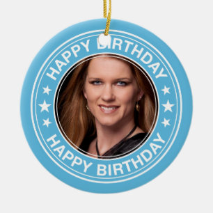 Happy Birthday Afbeelding Lijst in Blue Keramisch Ornament