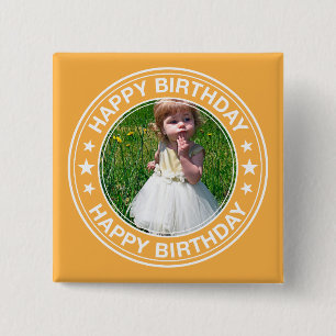 Happy Birthday afbeelding Lijst in geel Vierkante Button 5,1 Cm