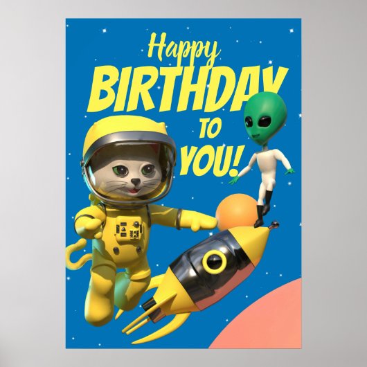 Happy Birthday Astronaut en Alien Fun Poster (Voorkant)