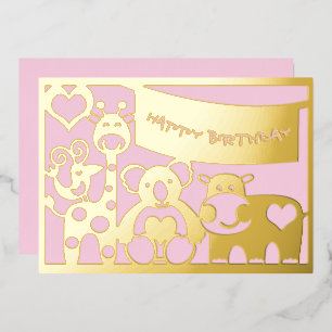 Happy Birthday Baby Girl Animals in Gold Foil Folie Feestdagenkaart